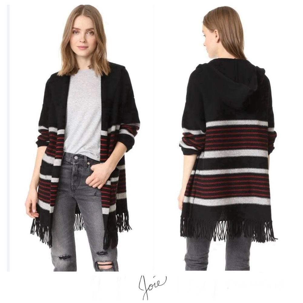 JOIE Gabrina Black Red Hooded Wool Yak Striped Fringe Western Open Cardigan Sz M